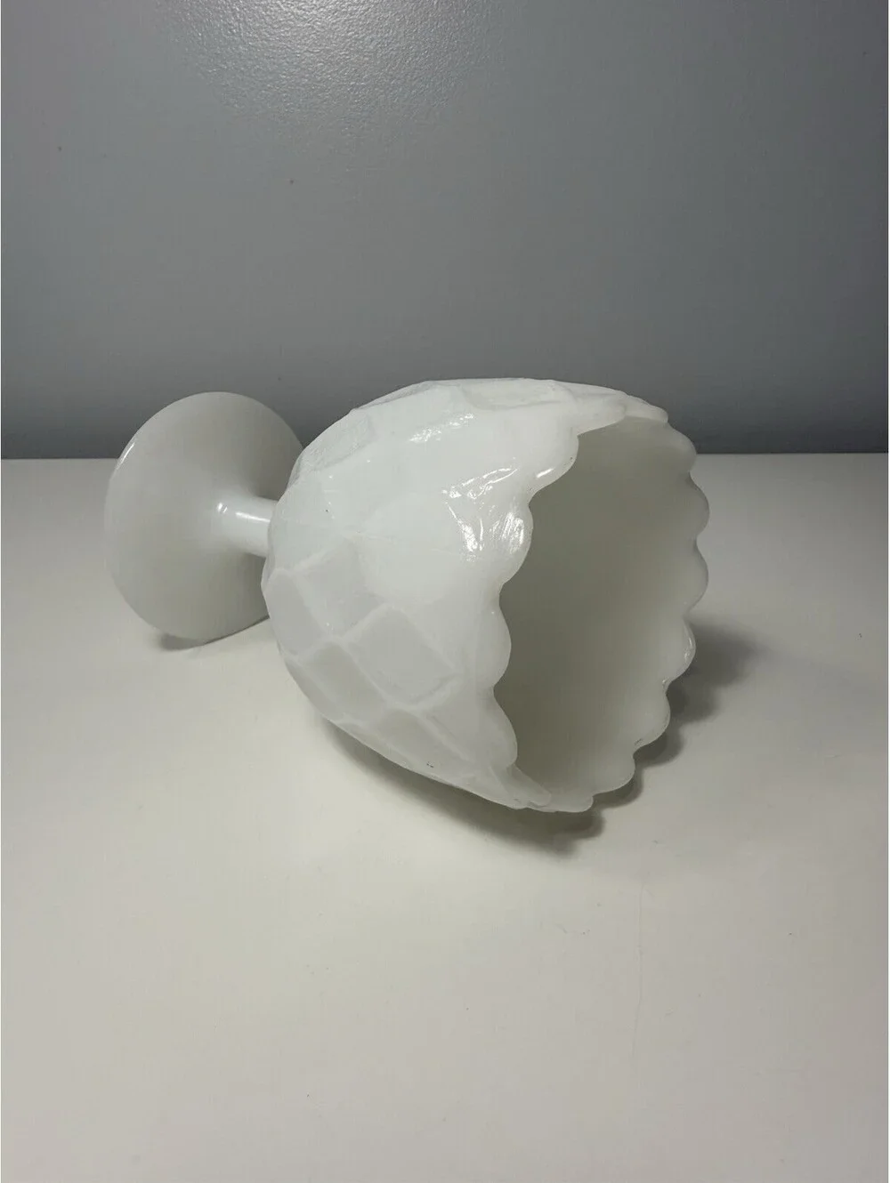 VTG Diamond Quilted White Milk Glass Water Wine Goblet Compote Pedestal 6.25” H